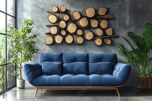Blue sofa near a window against a concrete wall with tree cross-sections and logs as wall decor, creating a spacious Scandinavian home interior design for a modern living room, Generative AI