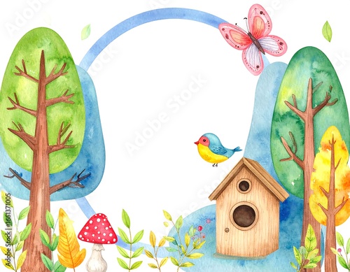 Watercolor forest frame with birds and mushrooms.  Cute, vibrant, nature