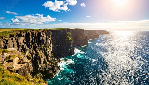 Dramatic cliffs meet the ocean under a vibrant sky