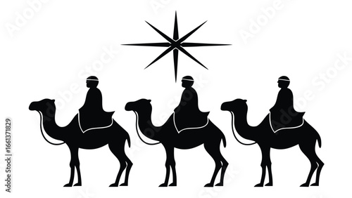 Three Wise Men riding camels under a star riders silhouette