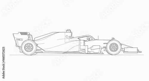 Detailed side view sketch of a classic formula 1 race car in outline style