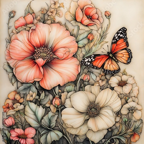 Wallpaper Mural Butterfly colorful wings floral art print garden blooms decorative wall nature elegance Torontodigital.ca