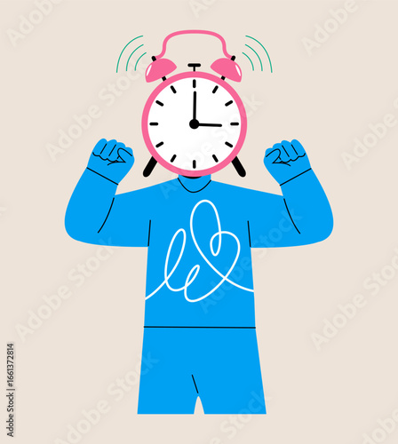 Woman with clock instead of head. Concept time pressure. Colorful vector illustration