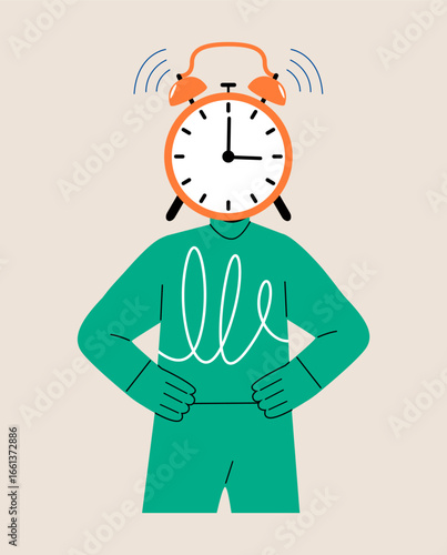 Man with clock instead of head. Concept time pressure. Colorful vector illustration