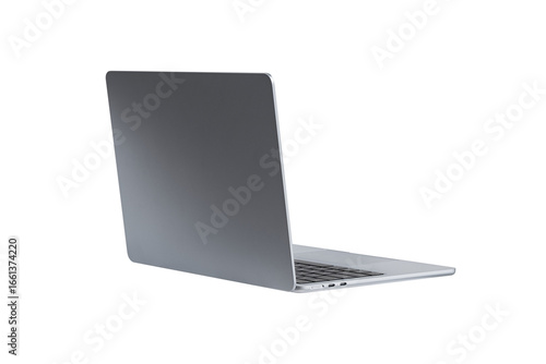 Rear view of modern laptop isolated on transparent PNG. Concept for technology, business, finance and advertising.