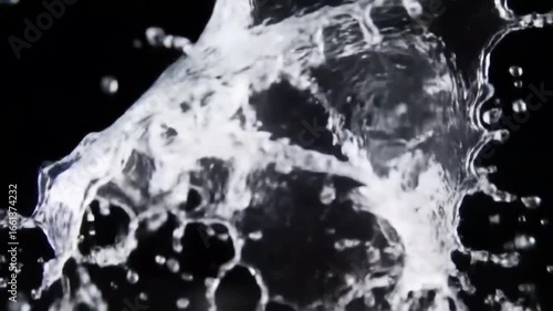 Dynamic close-up of clear liquid splashing vigorously against a dark background, creating intricate patterns and droplets.