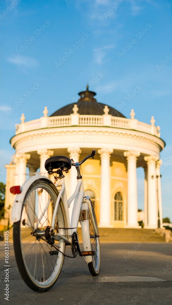 Naklejka premium White bicycle parked in front of a classical building