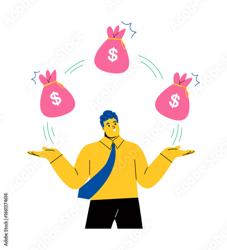 Business man holding bags full of money. Flat vector illustration isolated on white background