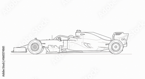 Detailed outline sketch of a high-performance formula 1 racing car with driver