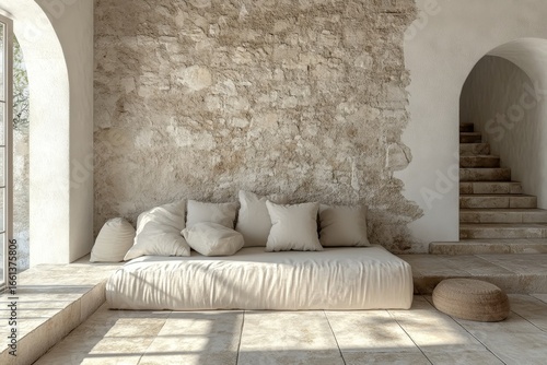 White sofa with pillows on a tiled floor, positioned near a stucco wall with stone wall decor paneling, creating a rustic home interior design for a modern living room. 3D rendering, Generative AI