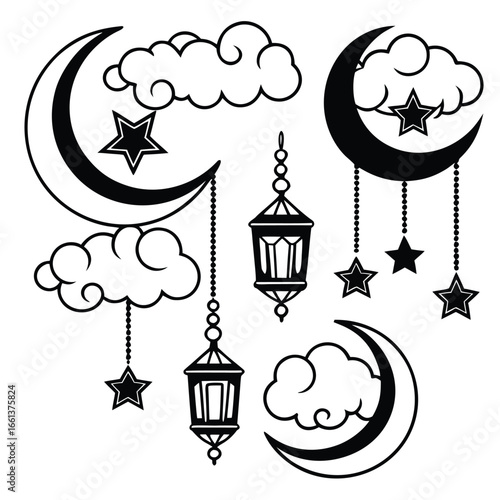 Stylized Black and White Islamic Crescent Moons Clouds Stars and Lanterns Collection vector