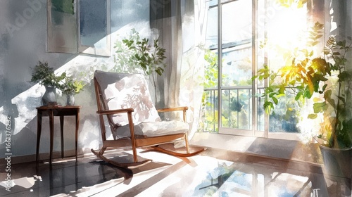 Sunlit room with wooden rocking chair and indoor plants by large window. Long Term Care Planning Month