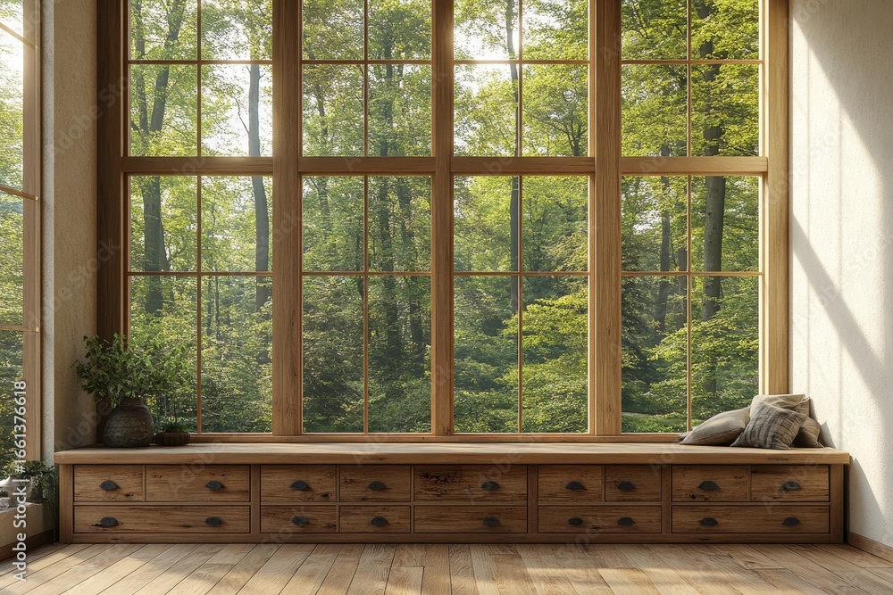 Rustic table against a long chest of drawers in a room with large grid windows, showcasing minimalist home interior design for a modern living room in a forest house. 3D rendering, Generative AI Rustic table against a long chest of drawers in a room with large grid windows, showcasing minimalist home interior design for a modern living room in a forest house. 3D rendering, Generative AI