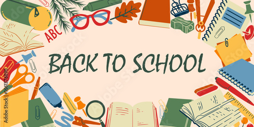 Modern flat background with school supplies. Vector simple background back to school.	