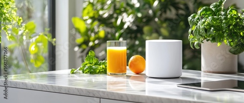 Healthy orange juice and fresh plants