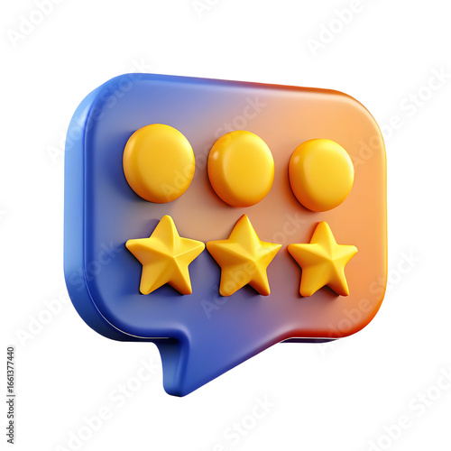3d chat bubble with star rating system showing positive customer feedback and reviews