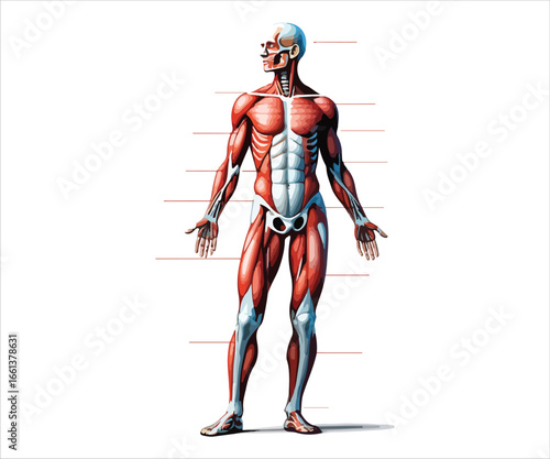 Detailed Anatomical Illustration of Human Muscle Structure and Skeletal System for Medical Education and Healthcare Resources featuring complete figure representation