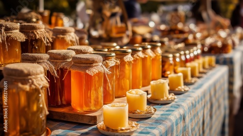 Assorted honey jars and candles are arranged on a table in a vibrant farmers market.