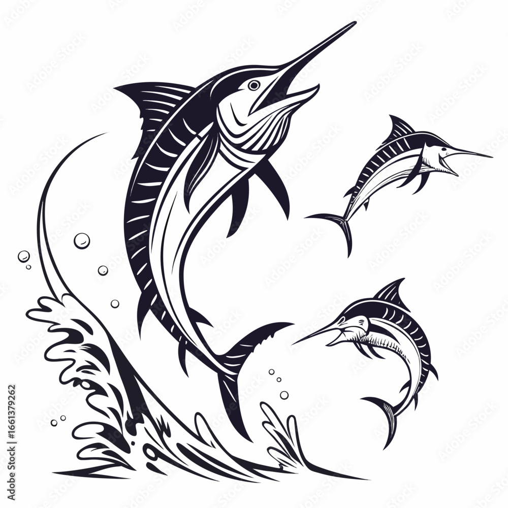 Naklejka premium Black and white illustration of three marlin fish leaping from stylized waves ocean water