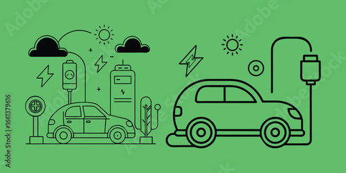 Electric Car Charging at Station with Green Energy Icons