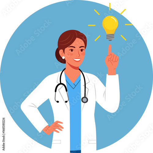 Illustration of a smiling female doctor with a lightbulb above her head, symbolizing a medical idea, solution, and innovation.
