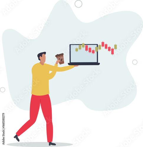 Coffee break. Trader with laptop analyzes the market.passive income concept.
