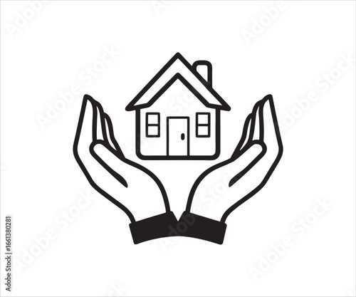 Protecting your home with care insurance property and real estate protection investment symbol with hands holding a house outline on white background