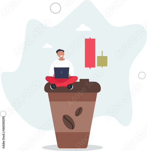 Coffee break. Trader with laptop analyzes the market.