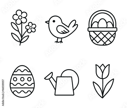 Spring symbols: flowers, bird, easter basket, decorated egg, watering can, tulip