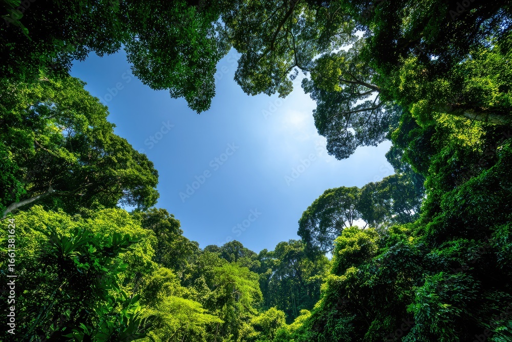 Fototapeta premium Lush forest canopy framing a vibrant blue sky