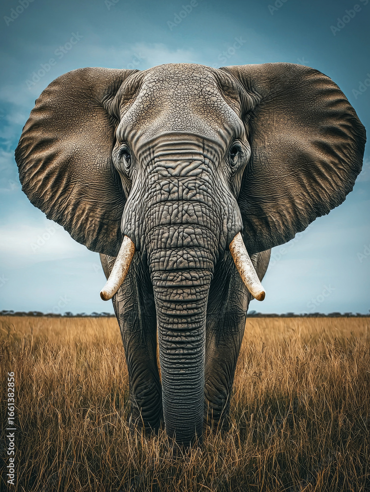 Naklejka premium Majestic African elephant, powerful presence, savanna grasslands