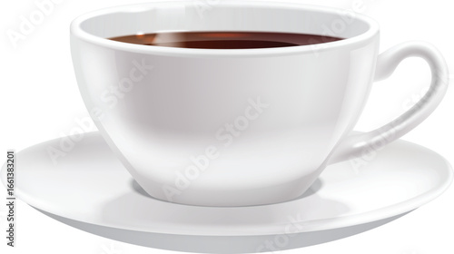 A white ceramic cup filled with coffee sits on a matching white saucer. The cup has a handle and is viewed from the front.