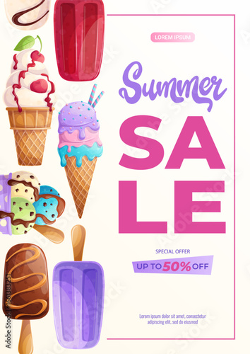 A design template for a summer flyer with various types of ice cream. The concept of sweets, summer, summer sale. Vector illustration in A4 format for posters, banners, promotions, advertisements