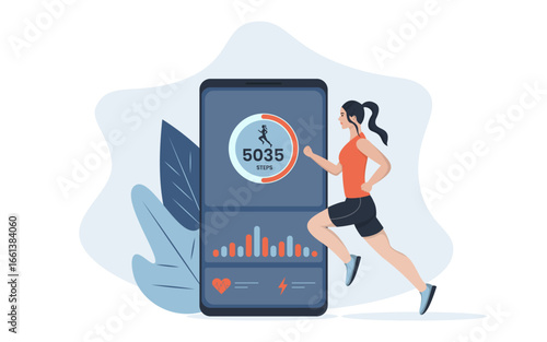 Sports mobile application outline concept. Active lifestyle and fitness. Young girl with step counter and heartbeat rating. Linear flat vector illustration isolated on white background