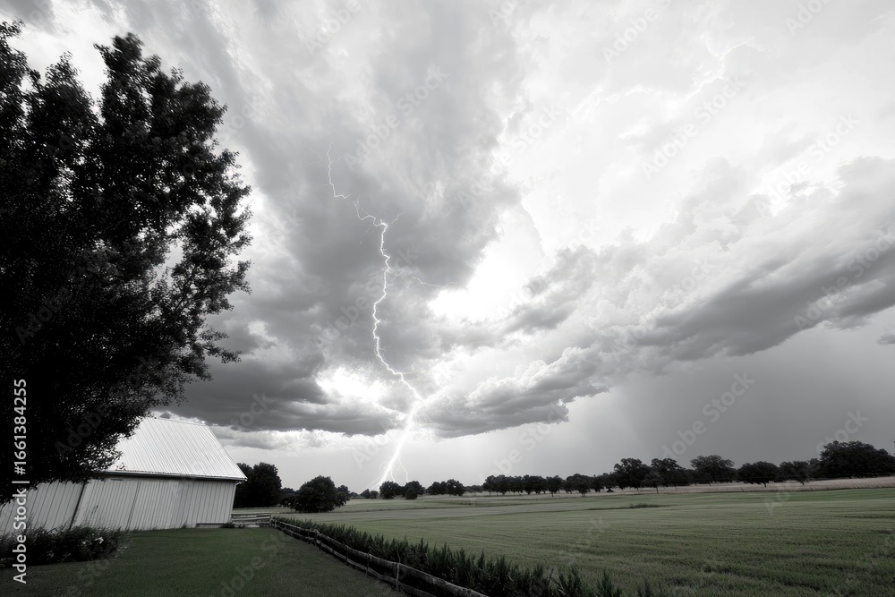 Obraz premium Lightning storm over rural landscape