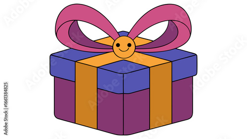 Illustration of a colorful gift box with a pink ribbon and a smiling face on the ribbon knot created with generated ai