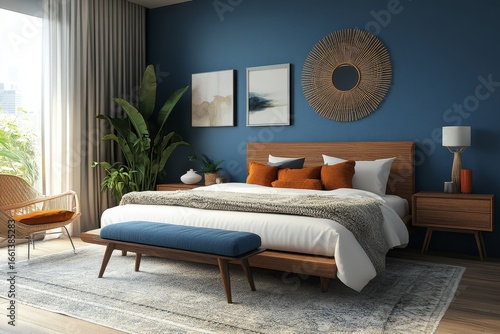 Southwestern, mid-century style interior design for a modern bedroom. 3D rendering, Generative AI