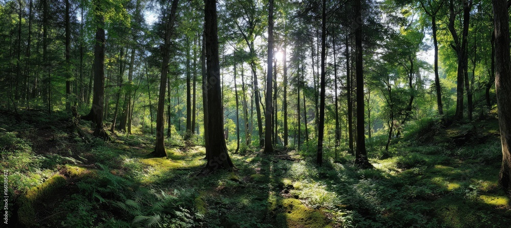 Fototapeta premium Sunlight filters through dense forest canopy, illuminating moss-covered forest floor