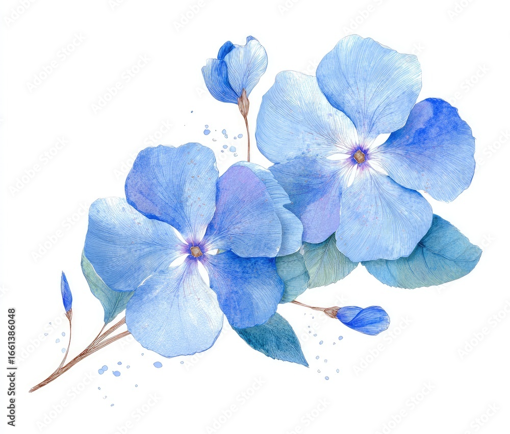 Fototapeta premium Delicate light blue flowers with watercolor-style petals and leaves