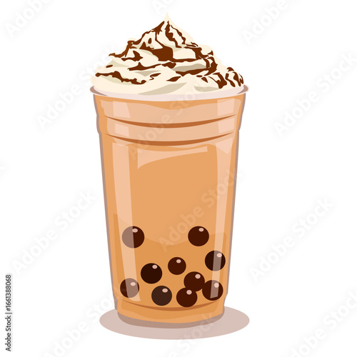 Bubble tea vector illustration with pearls, cream topping, and chocolate drizzle
