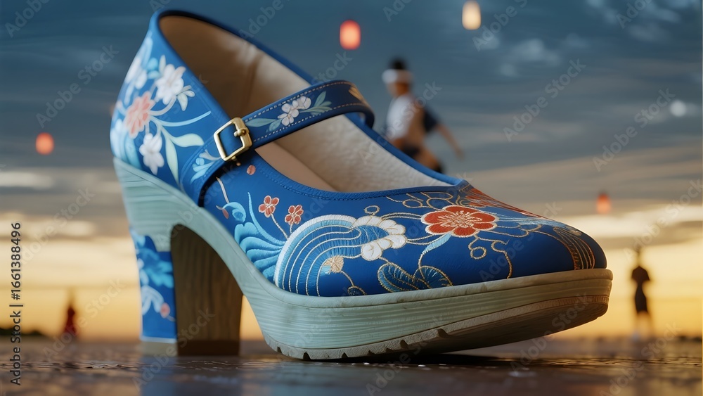 Naklejka premium Blue high-heeled shoe with floral and wave patterns, set against a sunset backdrop with silhouettes of people in the distance.