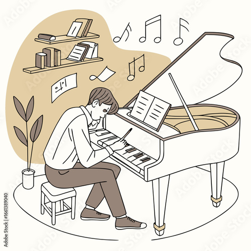 Vector Illustration of Pianist Composer Musician Surrounded by Creative Musical Vibes and Icons