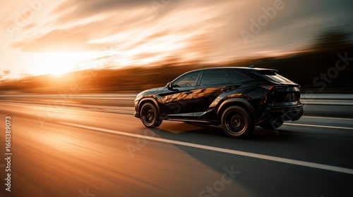 The sleek black SUV racing toward a stunning sunset backdrop