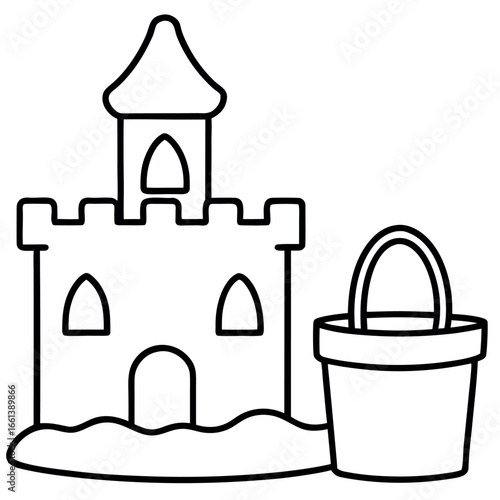 Sand Castle and Bucket Line Art Colouring Page