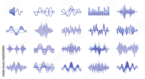 Collection of blue sound waves and audio waveforms displayed in various styles on a white background, representing audio signals and sound visualization.
