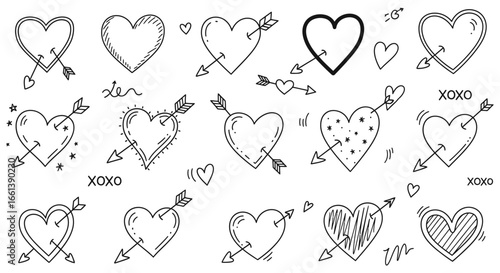 A collection of hand-drawn heart illustrations, some pierced by arrows, with various styles and details, arranged on a white background.