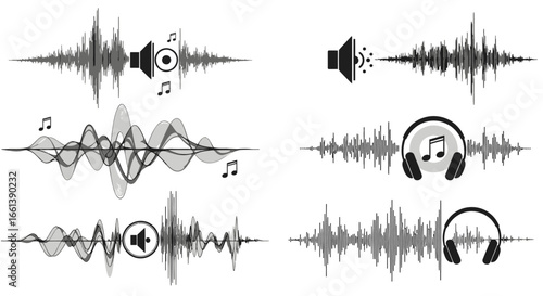 A collection of six sound wave visualizations, each paired with a speaker or headphone icon, representing audio or music.