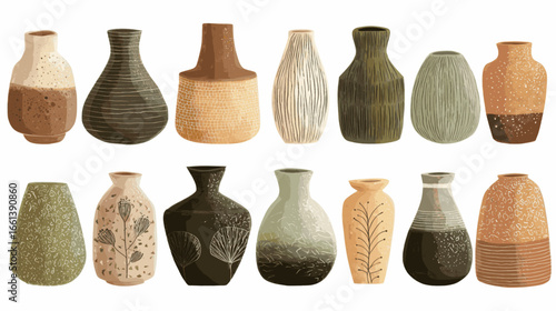A collection of vases with different designs and colors. The vases are arranged in a row, with some taller and some shorter. Scene is one of variety and creativity