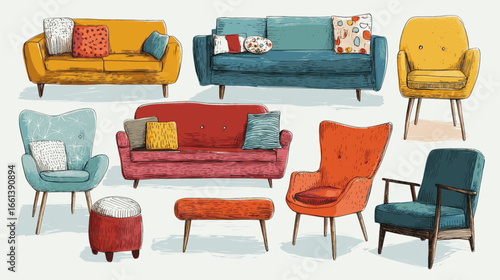 A set of colorful furniture, including couches and chairs, arranged in a room. The furniture is vibrant and lively, giving the room a cheerful and welcoming atmosphere