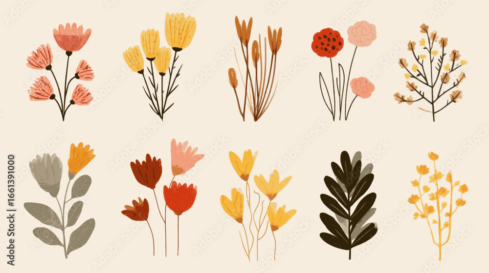 Fototapeta premium A collection of colorful flowers in various sizes and shapes. The flowers are arranged in a row, with some overlapping each other. Scene is cheerful and vibrant